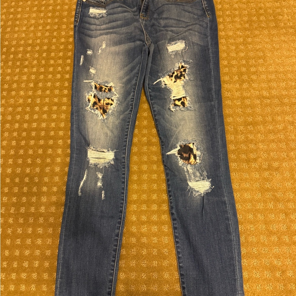 Judy Blue Leopard Patch Distressed Skinny Jeans